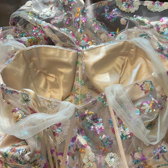 Coya Collection Sequin Floral Corset Bodice Tie Sleeve Fit and Flare Dress - Picture 11 of 15